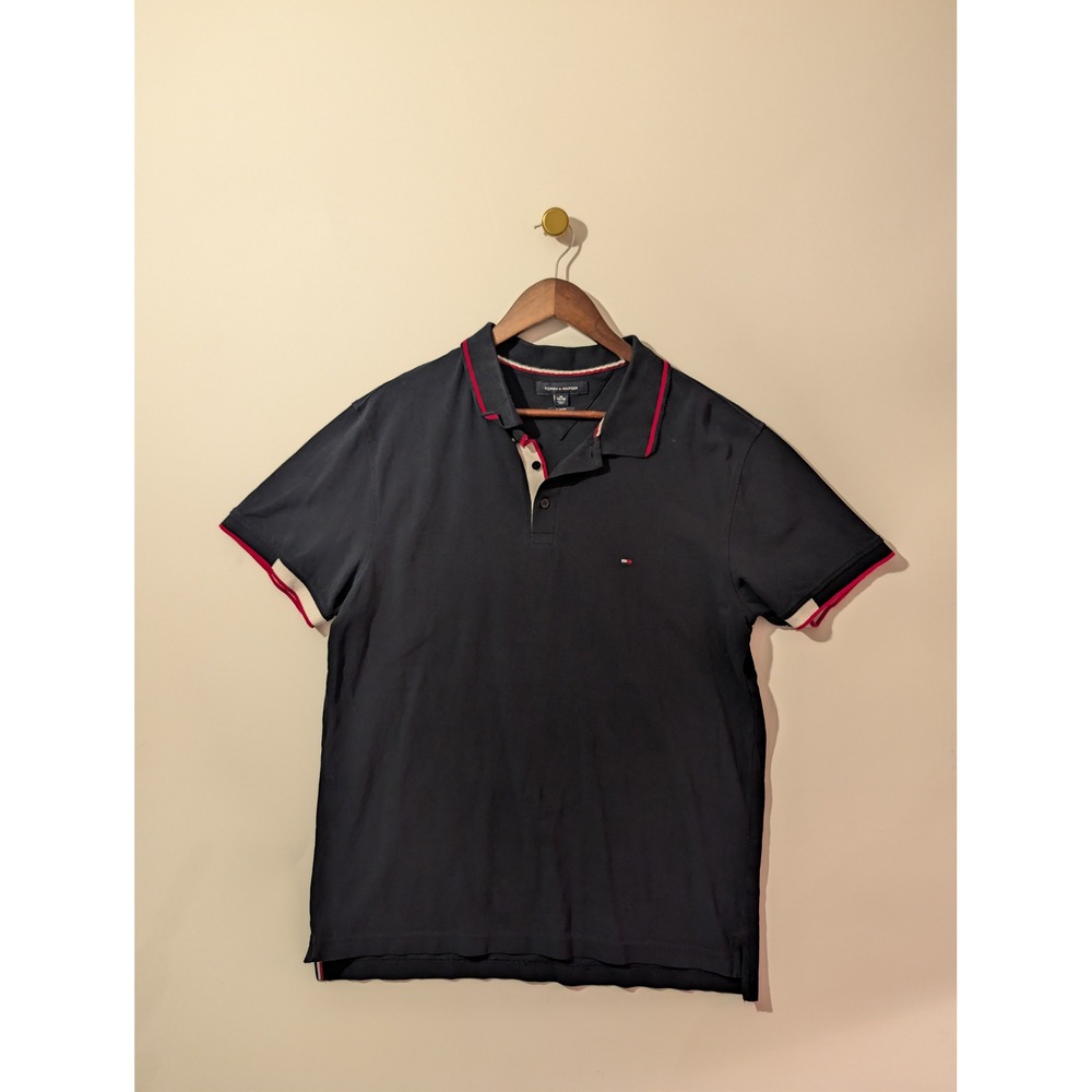 Tommy Hilfiger Polo Shirt Mens XL Navy Blue Excellent Slim Fit Tipped Pique SEO